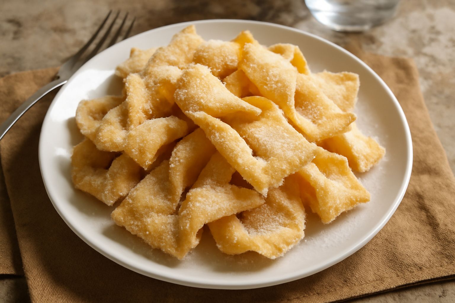 Chiacchiere calabresi dorate e croccanti cosparse di zucchero bianco, piegate e sovrapposte in un piatto bianco, tagliate a strisce irregolari, con sfondo neutro