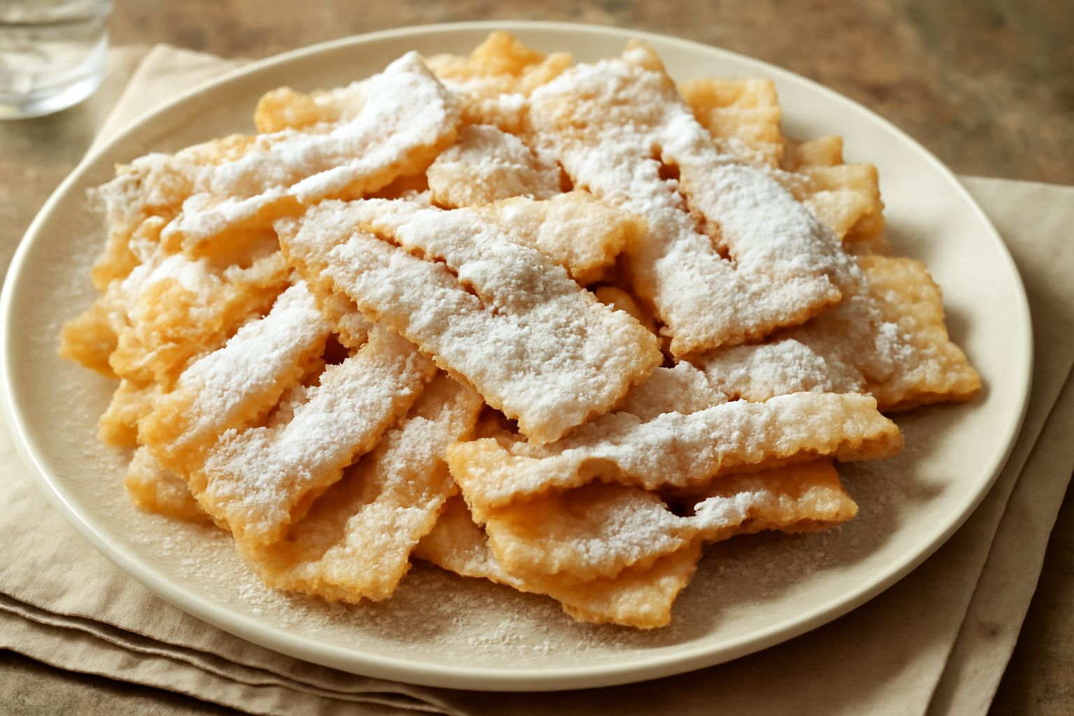 Chiacchiere dorate e croccanti di Carnevale ricoperte di zucchero a velo, disposte su un piatto bianco con fondo sfumato azzurro, pieghe irregolari e bordi ondulati