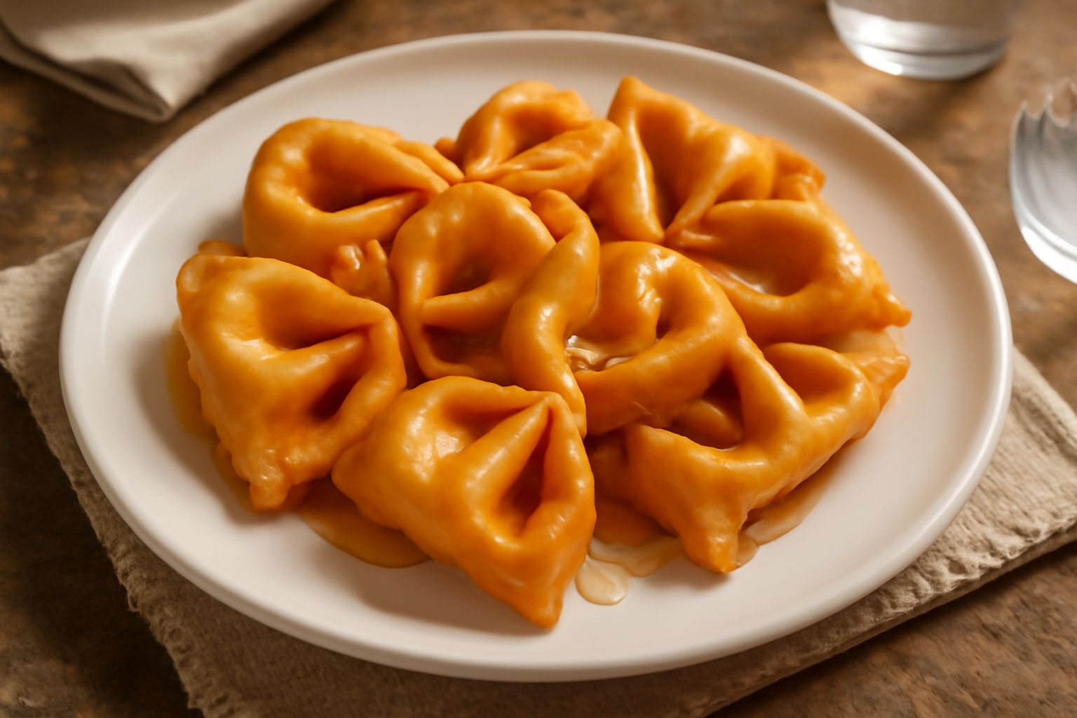 Chiacchiere molisane dorate e croccanti disposte a forma di fiocco su un piatto bianco, cosparse di miele che scivola lungo i bordi, con sfondo di marmo grigio e un barattolo di miele scuro sullo sfon