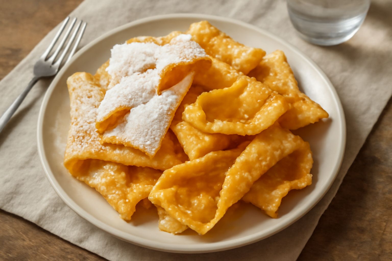 Chiacchiere romane dorate e croccanti, piegate a forma libera, cosparse di zucchero a velo bianco, impilate su un piatto di carta bianca con leggera ombra