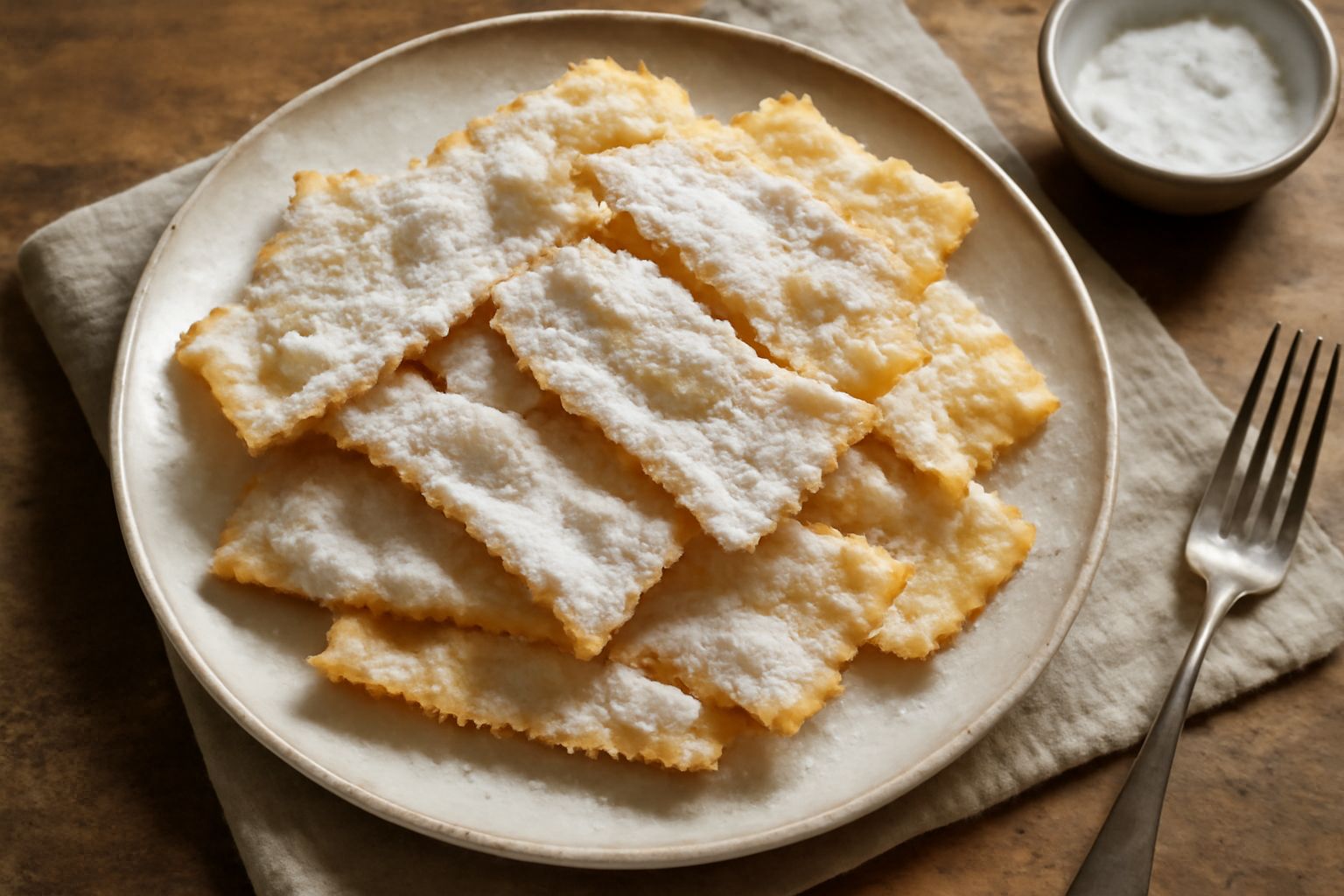 Chiacchiere toscane dorate e croccanti ricoperte di zucchero a velo, impilate su un piatto bianco, con tagliuzzature irregolari visibili e superficie luccicante