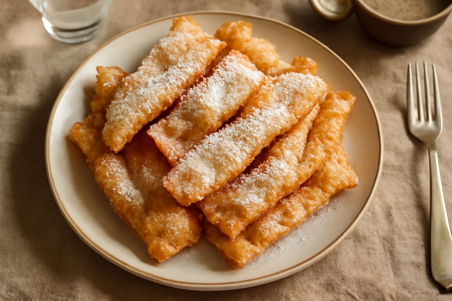 Chiacchiere trentine dorate e fragranti sparse su un piatto bianco, cosparse di zucchero a velo, con bordi irregolari e croccanti, su sfondo rustico in legno