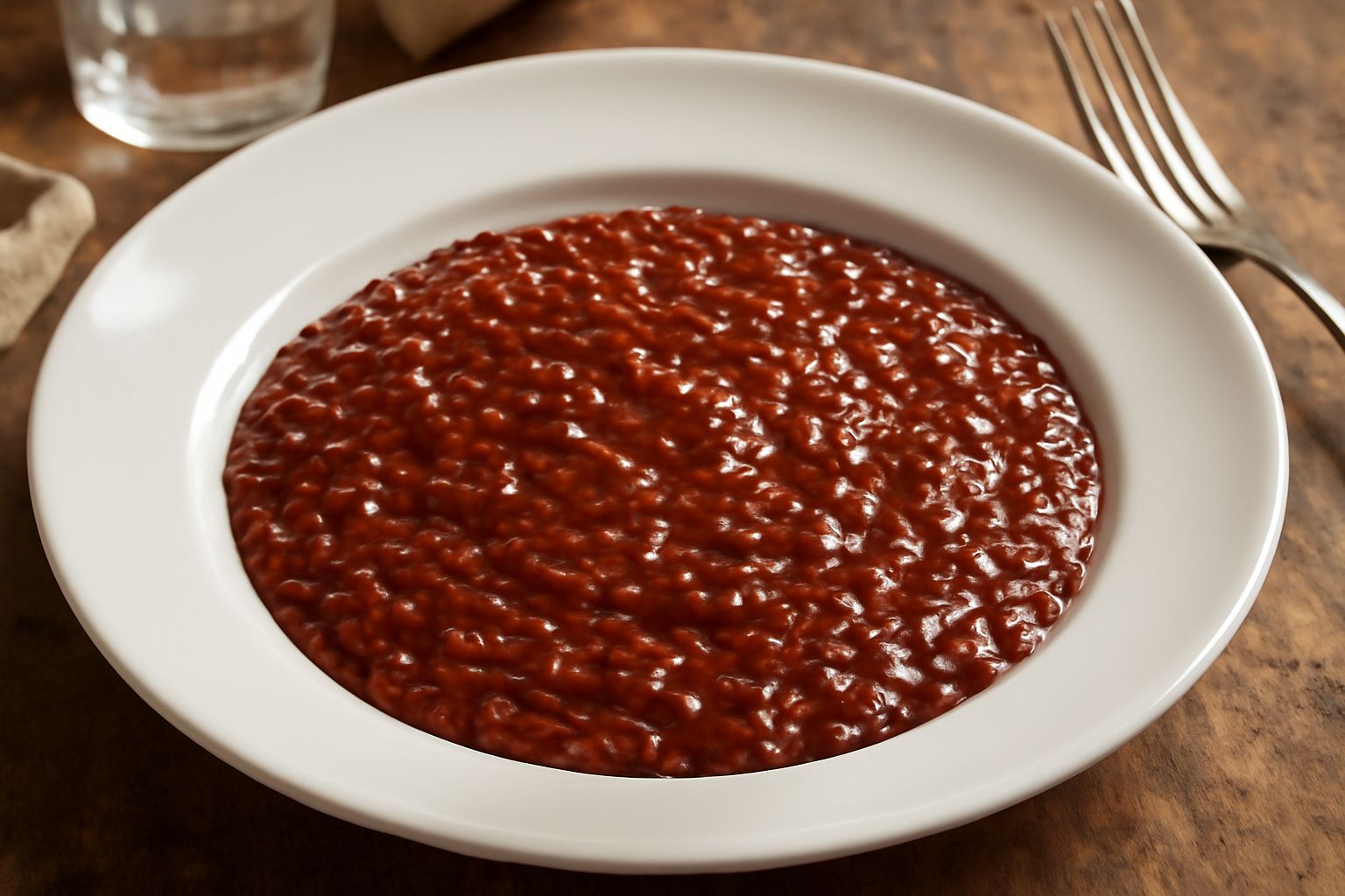 Risotto al Chianti servito in un piatto bianco fondo, cremoso e brillante nel colore rosso scuro con riflessi marroni, riso ben distinto, granella di parmigiano grattugiato fresco in cima e prezzemolo