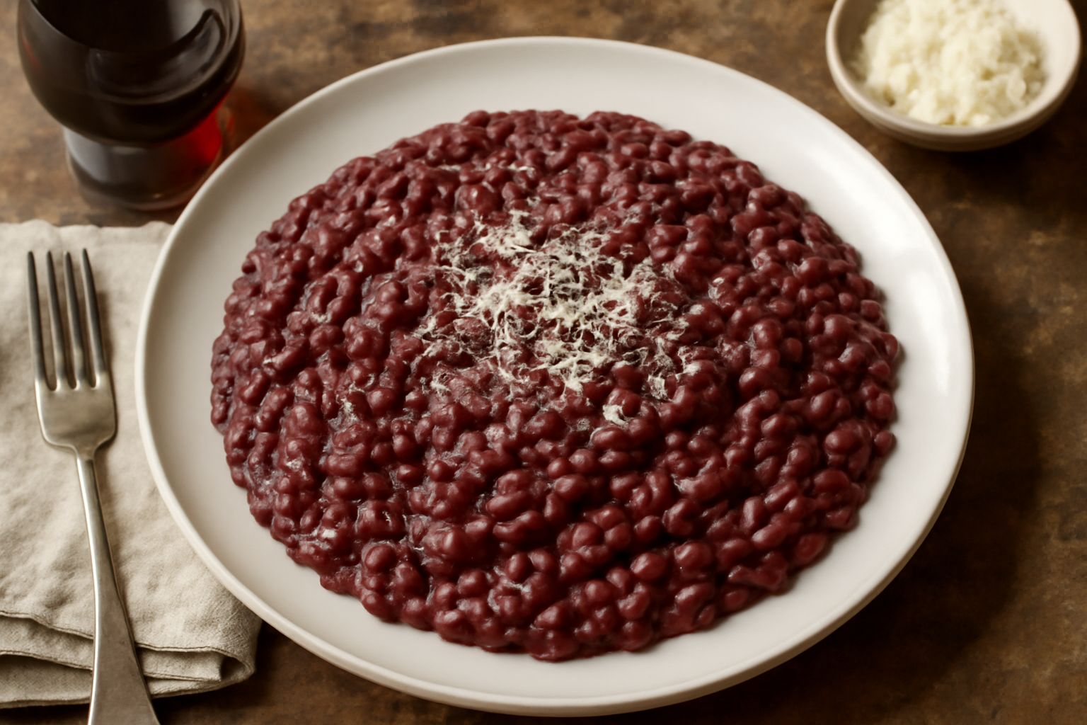 Risotto dal colore bordeaux scuro, cremoso, con grasso di burro lucido in superficie, servito in piatto bianco fondo con cucchiaio di legno appoggiato al bordo, grattugia di parmigiano accanto
