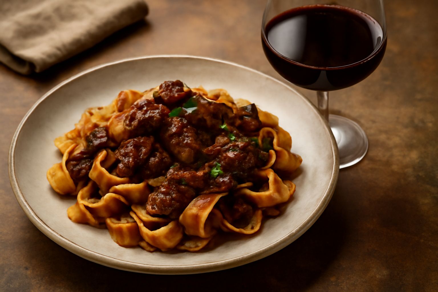 Calice di Chianti Classico Riserva con vino rosso profondo, accanto a un piatto con bistecca al sangue, pane toscano e aglio su tavolo di legno scuro