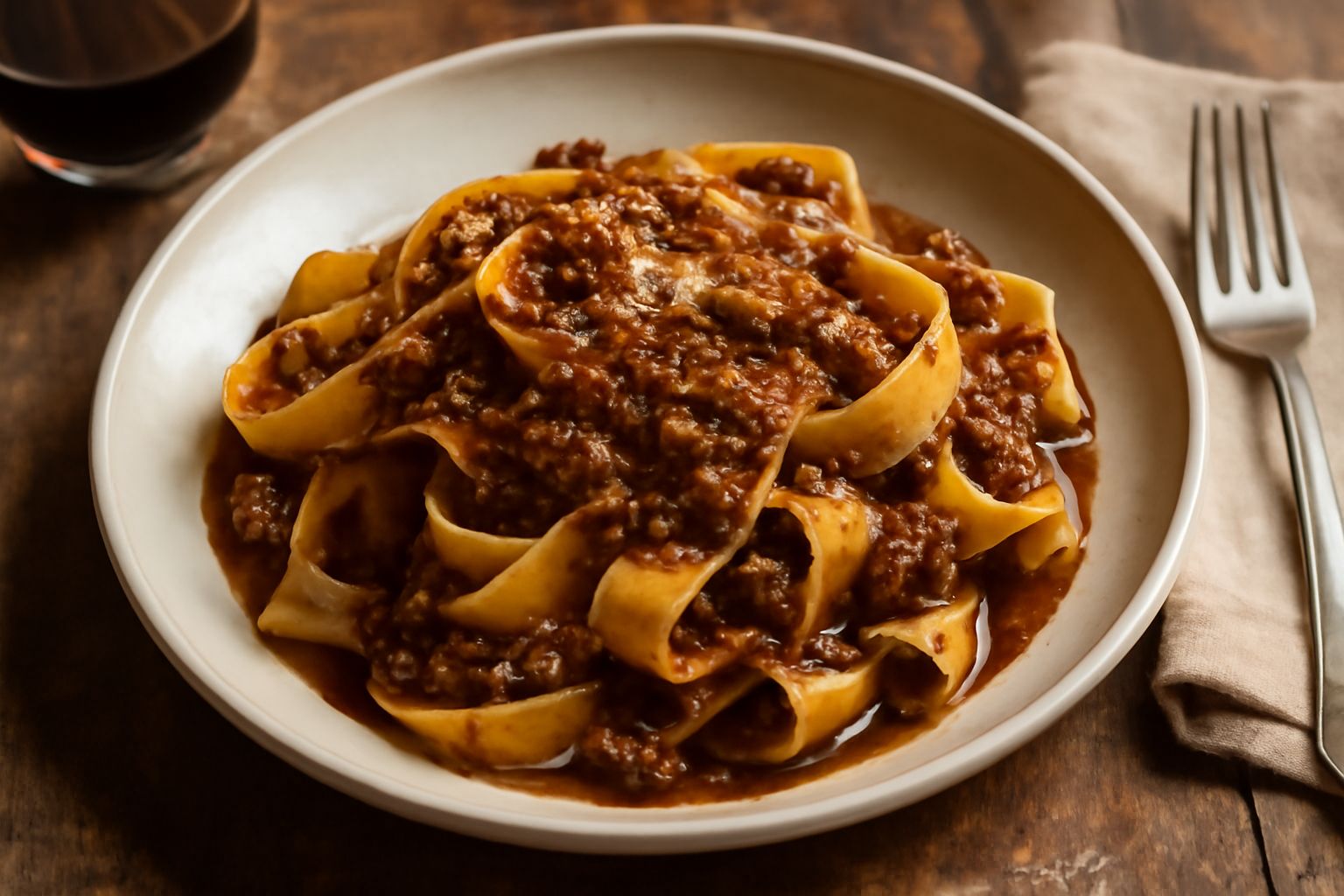 Pappardelle al ragù di cinghiale servite in un piatto fondo bianco, coperte da sugo marrone scuro, guarnite con pecorino grattugiato e foglie di prezzemolo fresco, con un bicchiere di Chianti Colli Ar