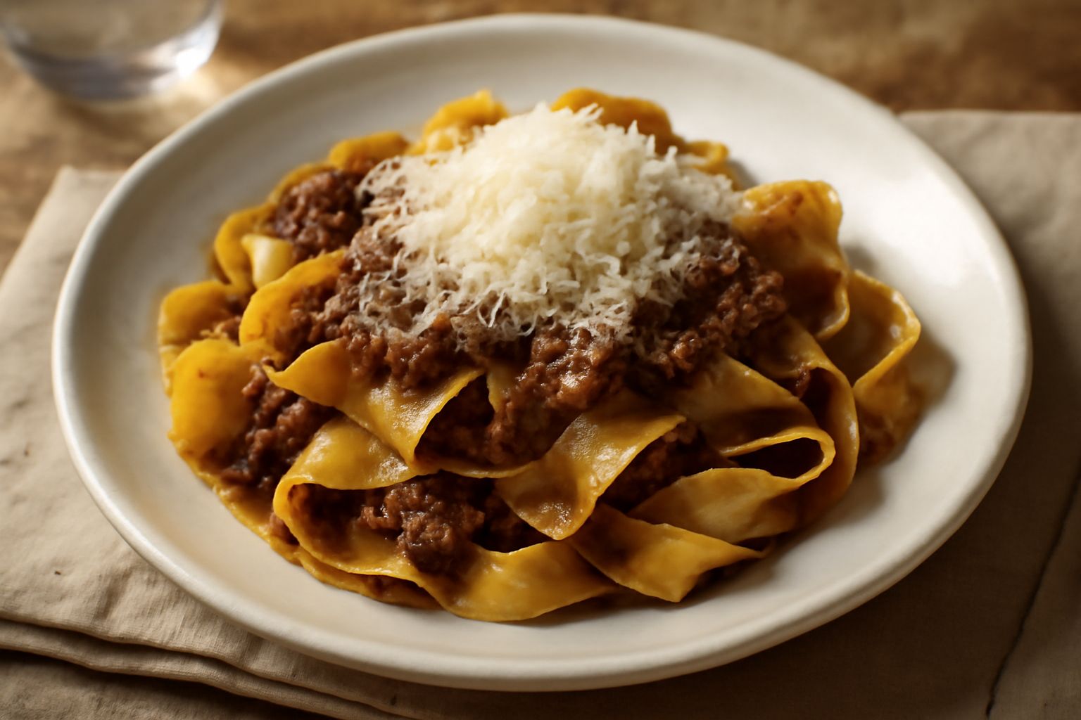 Piatto bianco con pappardelle larghe ondulate ricoperte di ragù scuro, grattugia di parmigiano giallo-bianco, rametto di rosmarino fresco e gocce di ragù sui bordi del piatto