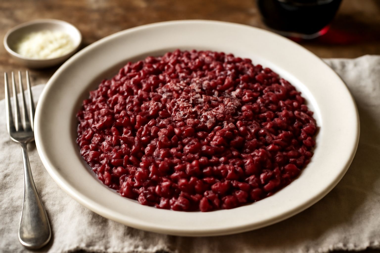 Risotto cremoso di colore rosso scuro in piatto bianco fondo, con grana di riso visibile, mantecato con burro, guarnito con parmigiano grattuggiato grattugiato e rametto di rosmarino fresco