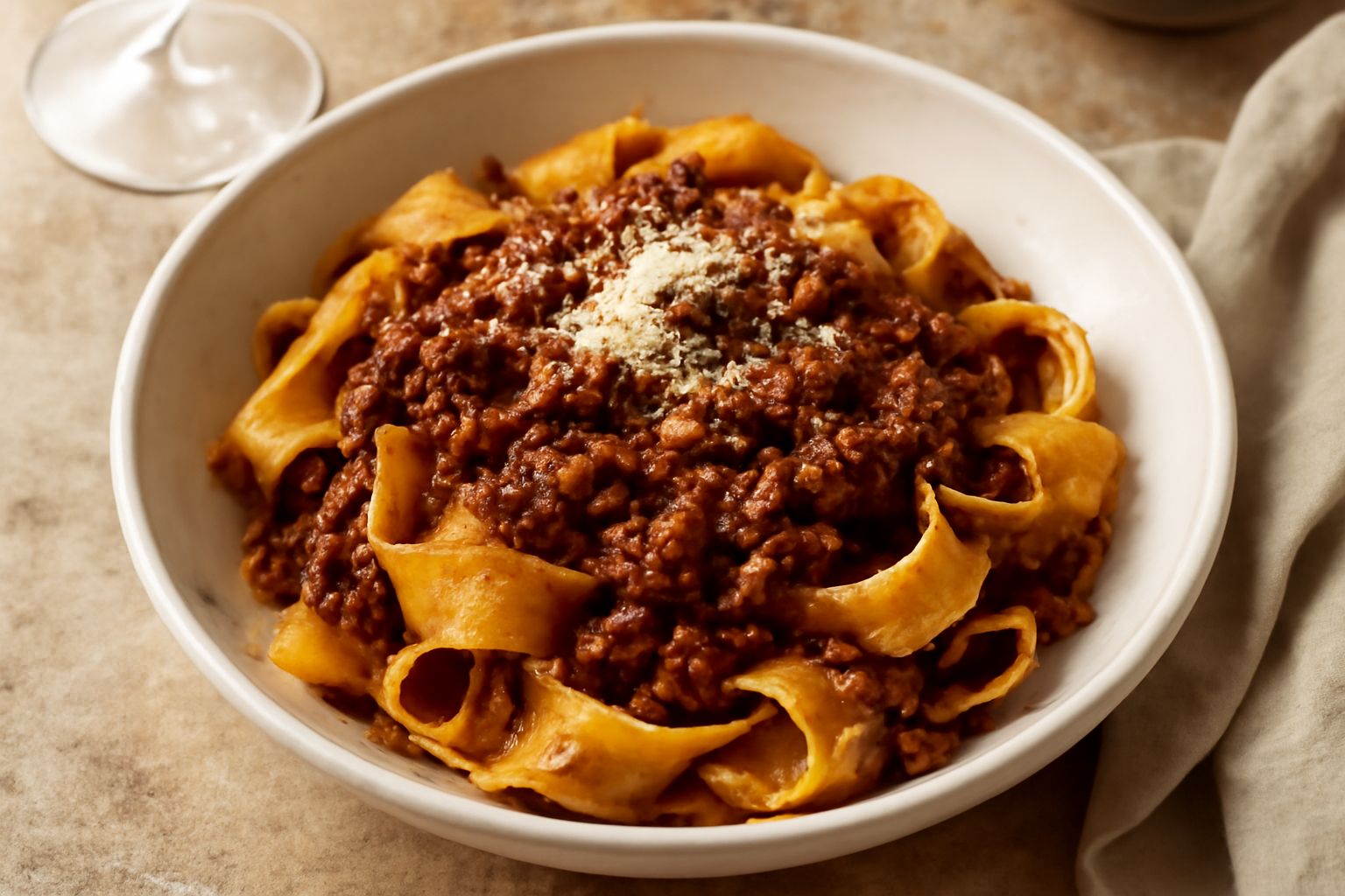 Piatto di pappardelle larghe ricoperte da ragù rosso scuro con riflessi vinosi, parmigiano grattugiato bianco in superficie, contorno di verdure arrostite sfumate in colore brunastro, su piatto bianco