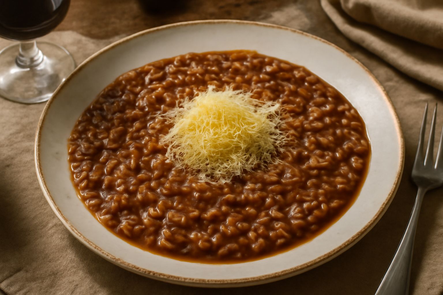 Risotto cremoso di colore marrone acceso servito in ciotola bianca, con una cascata di parmigiano grattugiato al centro, brodo che luccica sulla superficie, cucchiaio di legno appoggiato sul bordo, bi