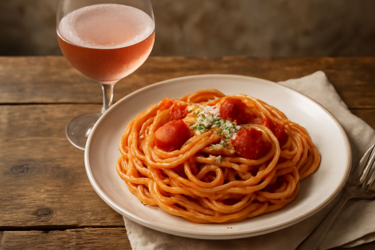 Calice di Chiaretto del Garda rosato chiaro poggiato su un tavolo di legno con vista sul lago, accanto a un piatto di insalata estiva e pane tostato