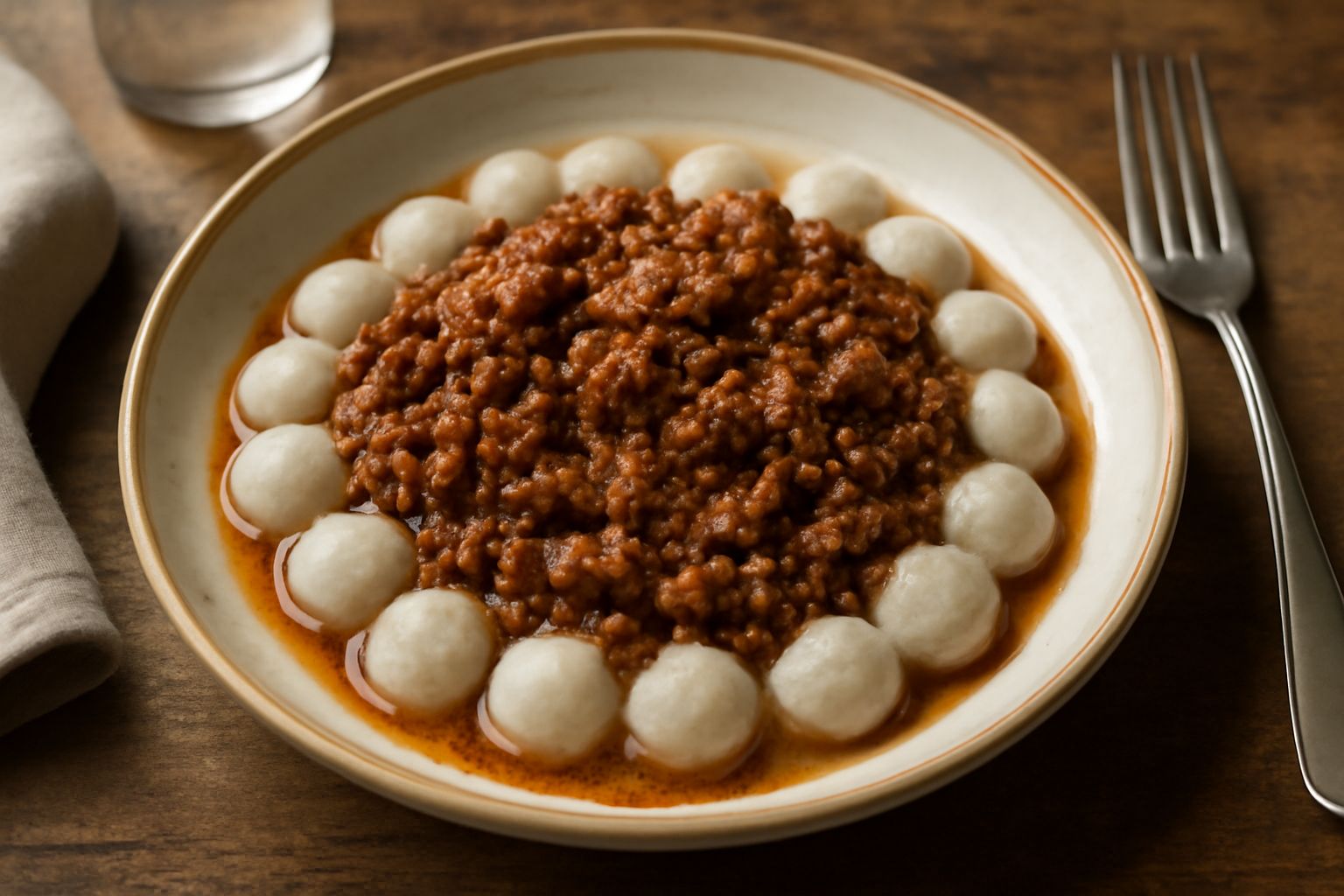 Piatto di chicche bianche e rotonde in salsa ragù marrone scuro con carne macinata visibile, condito con parmigiano grattugiato e prezzemolo fresco, servito in ciotola bianca