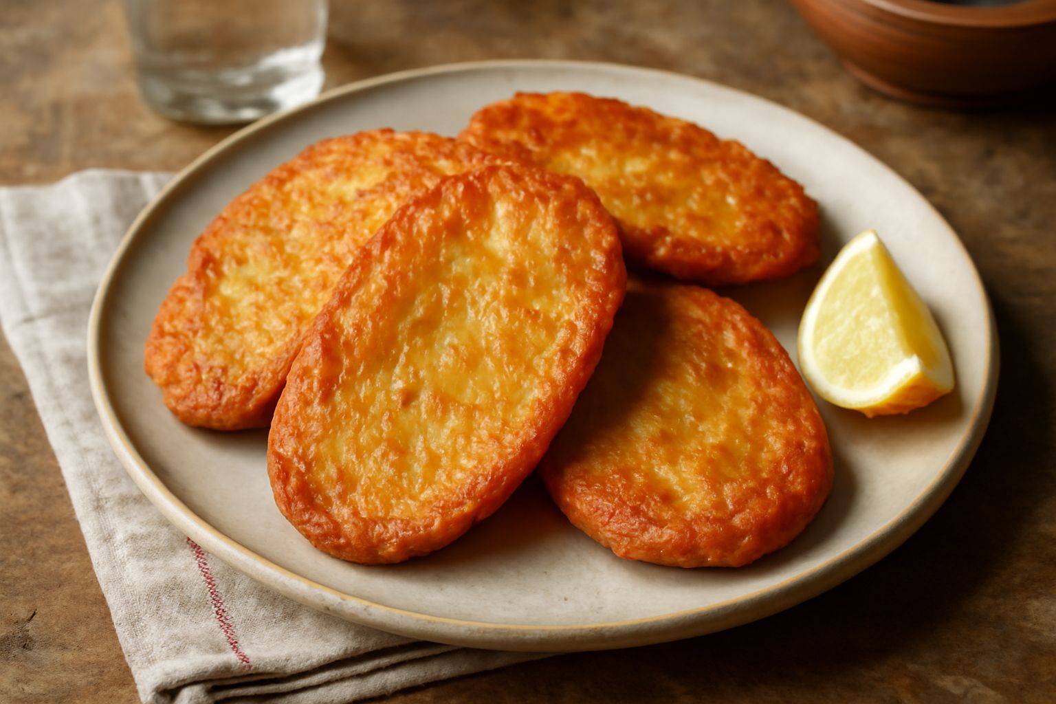 Frittelle di ceci dorato intenso impilate su un piatto bianco, cosparse di sale grosso, con una ciotola di yogurt bianco e limone fresco a lato