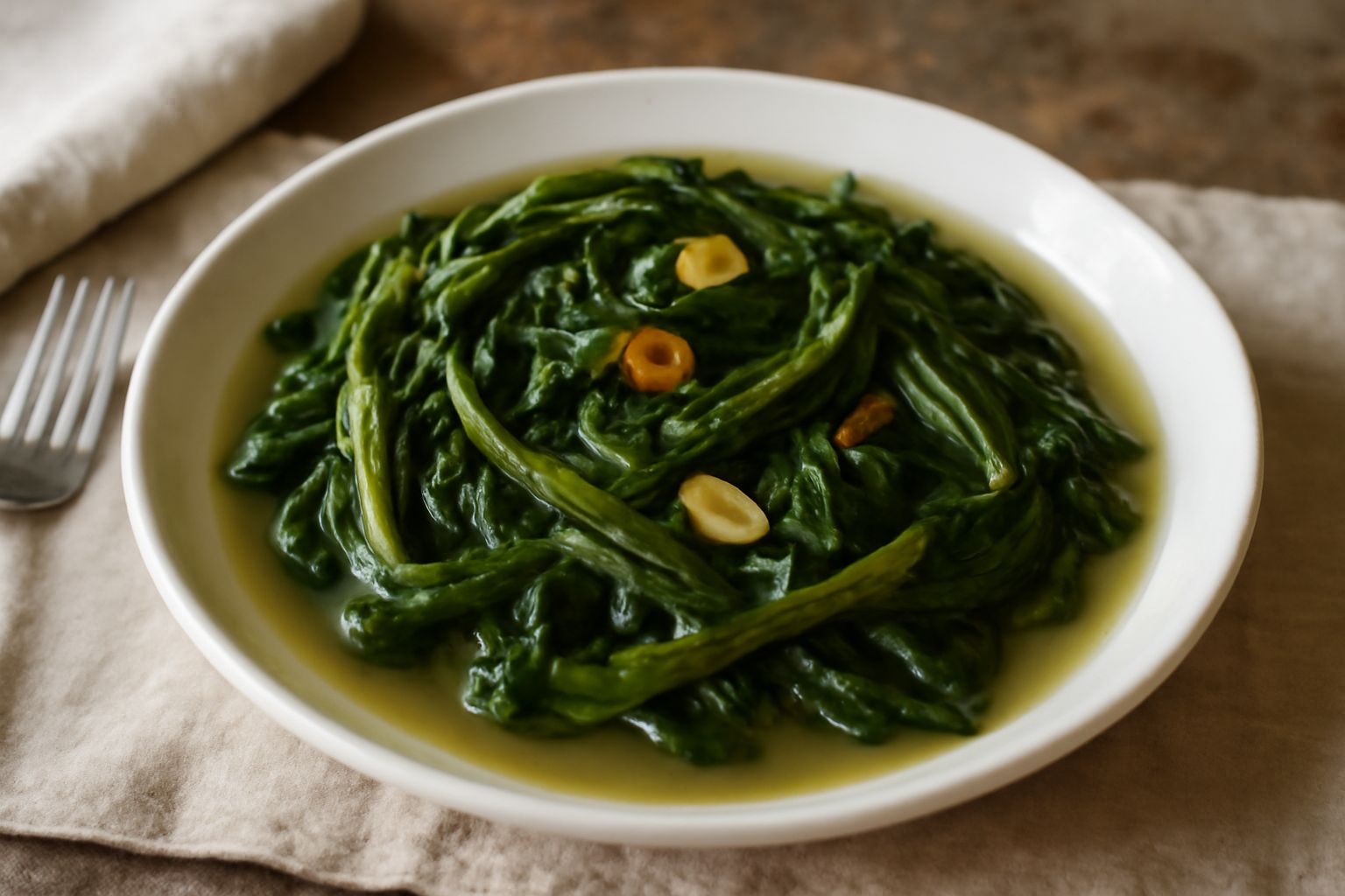 Piatto bianco con chicoria in umido cotta, foglie morbide di colore verde salvia, brodo trasparente al fondo, aglio affettato visibile tra i vegetali, pane tostato sul bordo