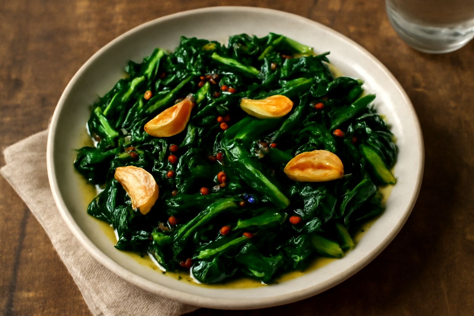 Chicoria ripassata in un piatto bianco, verdura scura e brillante ricca d'olio, con spicchi d'aglio dorati e peperoncino rosso fresco, contorno fumante appena scolato