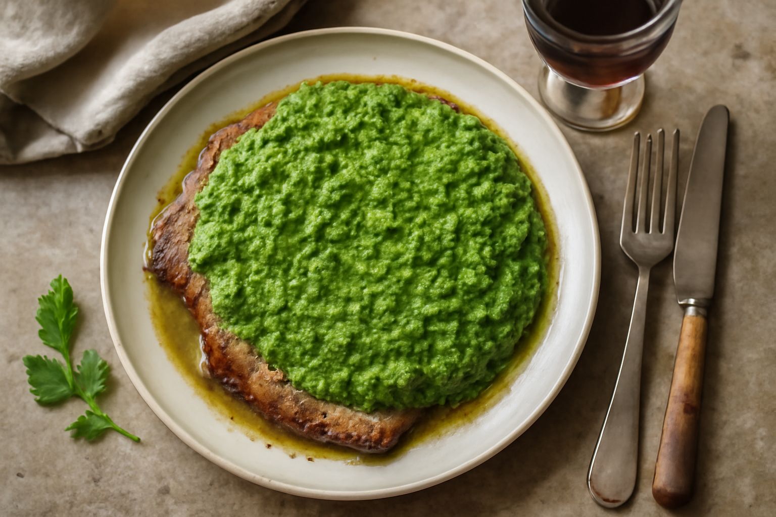 Salsa verde densa in una ciotola bianca, con visibili frammenti di prezzemolo e mentuccia, olio che brilla in superficie, su fondo di legno scuro con aglio intero e rami di erbe fresche accanto