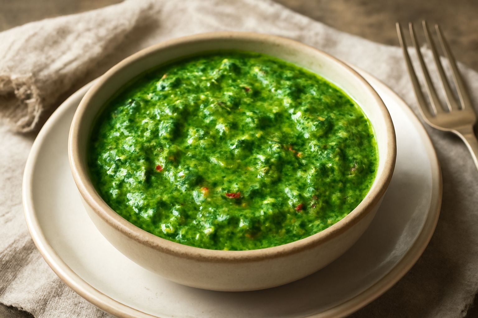 Ciotola di ceramica bianca con chimichurri pugliese verde brillante, gocce di olio dorato in superficie, prezzemolo visibile, cucchiaio di legno accanto, tavolo di legno scuro