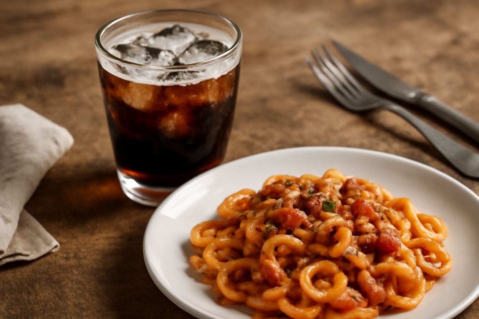 Bicchiere di chinotto scuro e trasparente con ghiaccio e fetta di arancia, accanto a bottiglie di vetro e rami di arancia amara su tavolo in legno