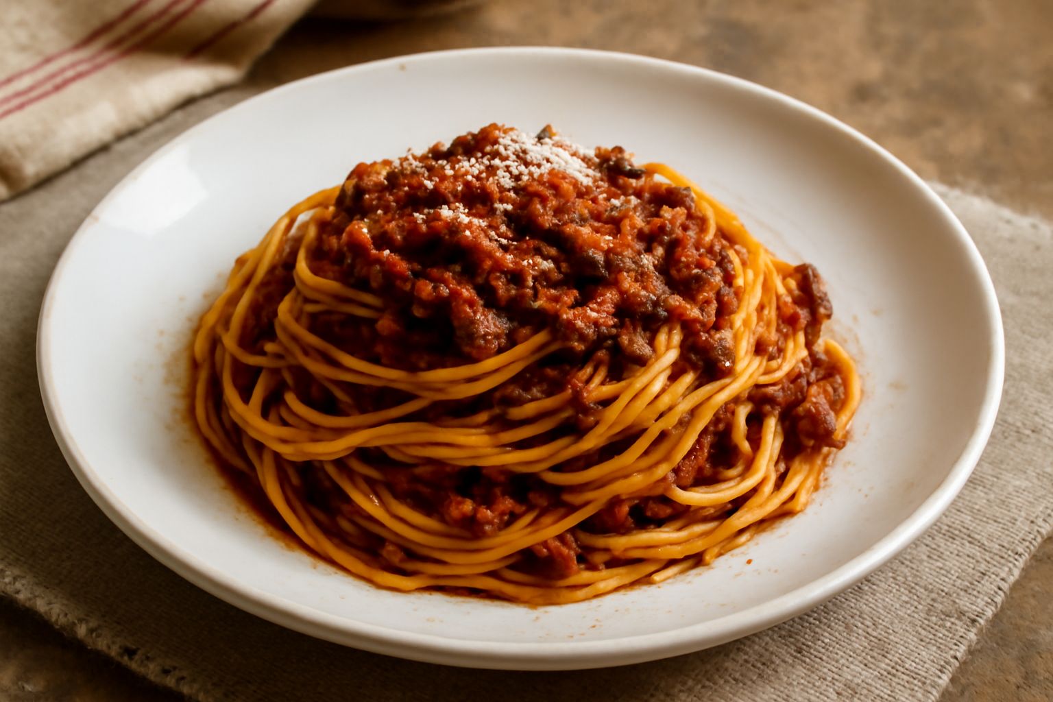 Piatto di chitarra all'abruzzese condita con ragù scuro e grattugia di formaggio, filetti di pasta gialla disposti ordinati, pezzi di carne cotta nel sugo, ciotola di ragù di lato