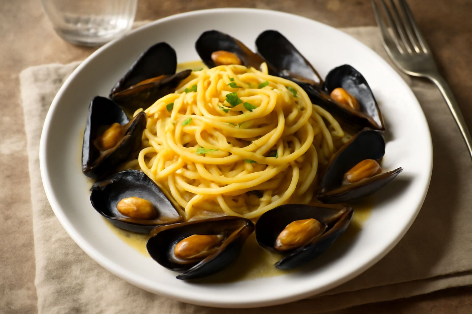 Piatto di pasta alla chitarra con cozze nere aperte, condite di aglio e prezzemolo fresco verde, un filo di olio d'oliva in superficie, su fondo bianco
