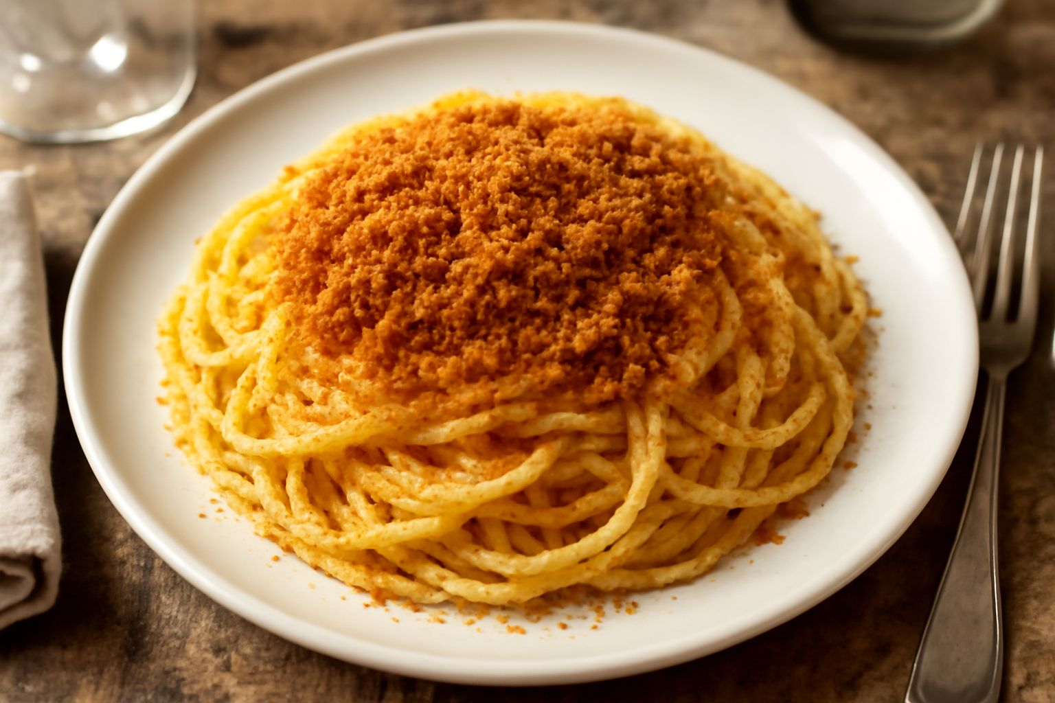Piatto di pasta alla chitarra con molliche di pane dorate, aglio fresco e olio verde chiaro, cosparsa di prezzemolo, su fondo bianco.