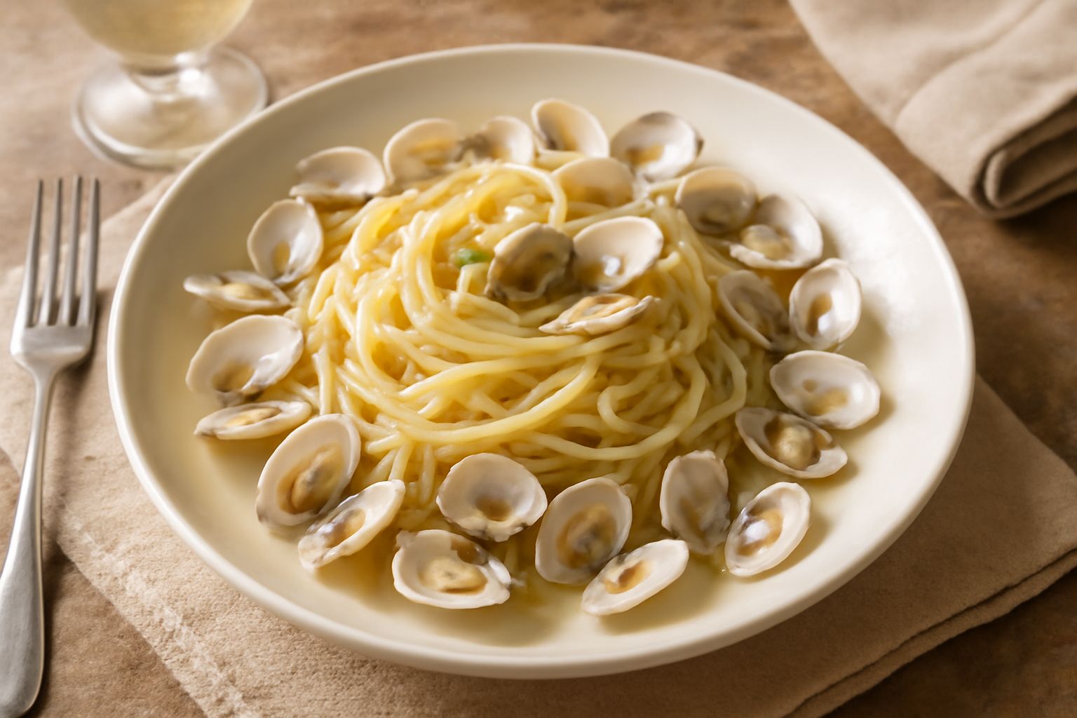 Piatto bianco con chitarra alle telline: pasta quadrata dorata condita con piccoli molluschi chiari, aglio, prezzemolo verde e olio brillante, servita con limone fresco sul lato