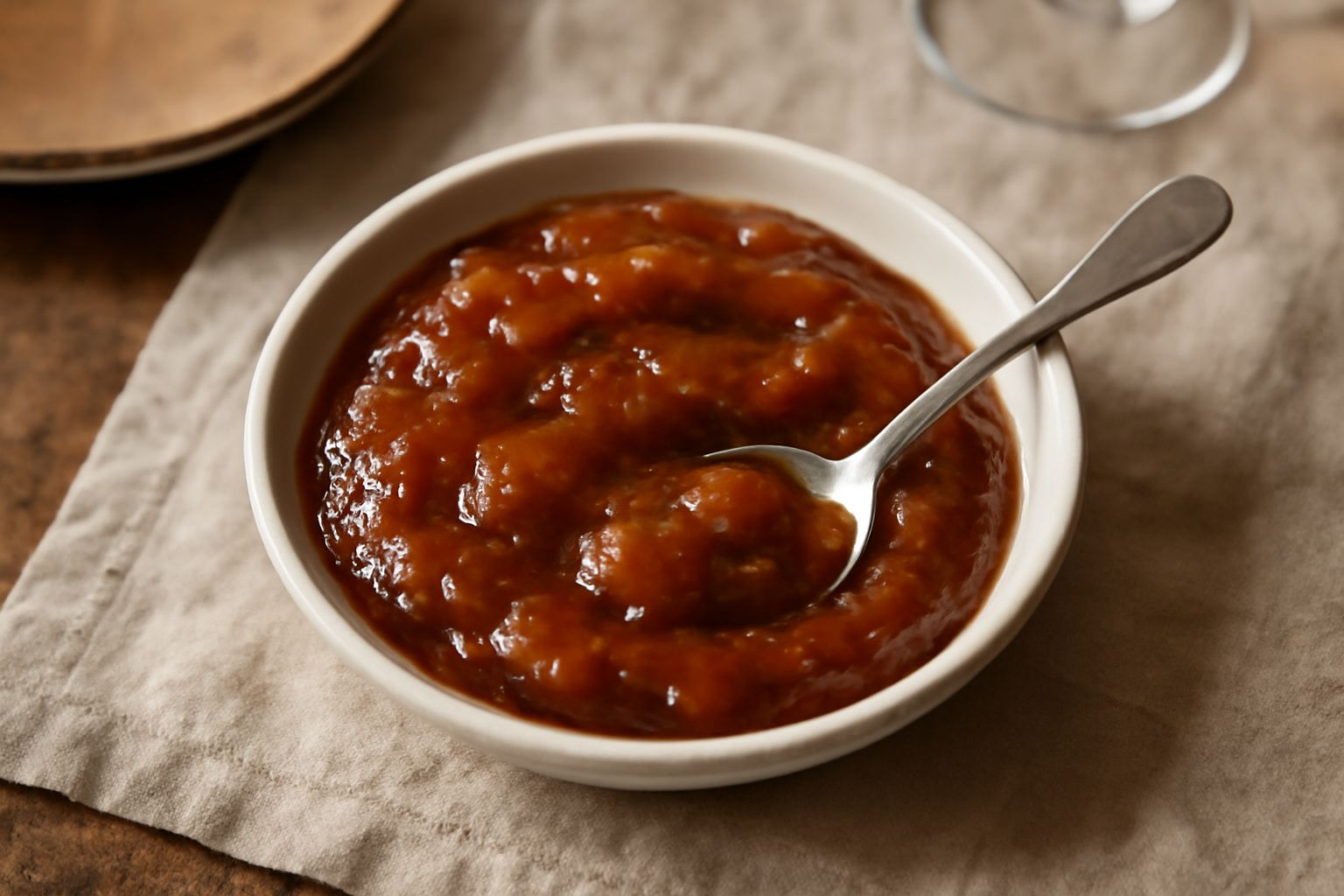 Chutney di pere in un barattolo di vetro trasparente, colore marrone-ambrato denso e lucido, con pezzetti di pera visibili, servito su un piattino bianco con un cucchiaio di legno, accompagnato da qua