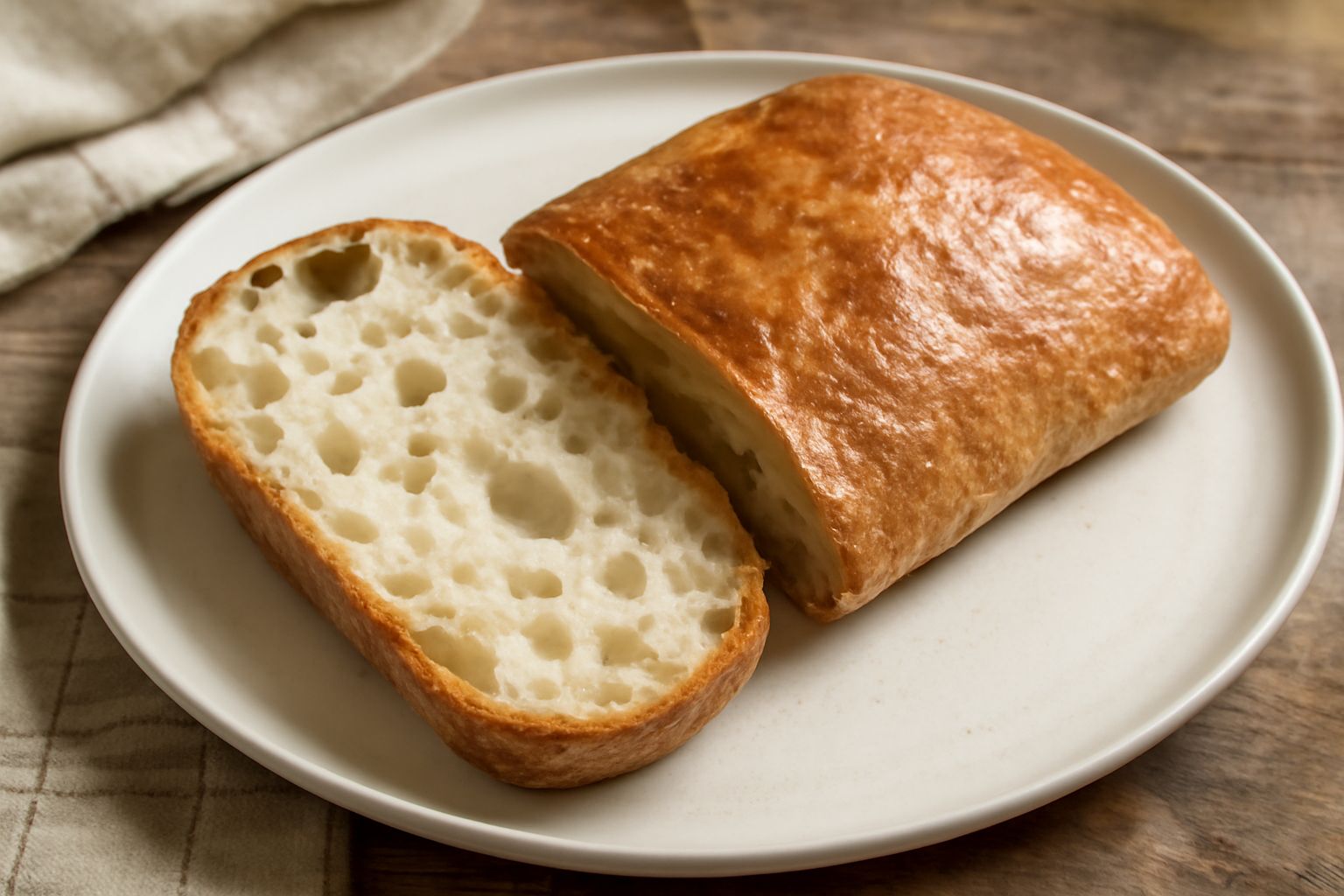Una ciabatta dorata e croccante tagliata a metà, con alveoli grandi e irregolari visibili all'interno, appoggiata su un tavolo di legno con farina sparsa attorno