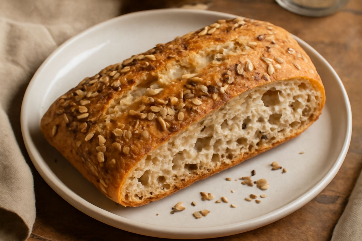 Ciabatta con semi appena sfornata, crosta dorata e croccante, seminata di semi di girasole e sesamo, tagliata a metà su un tagliere in legno con mollica bianca e alveolata visibile all'interno