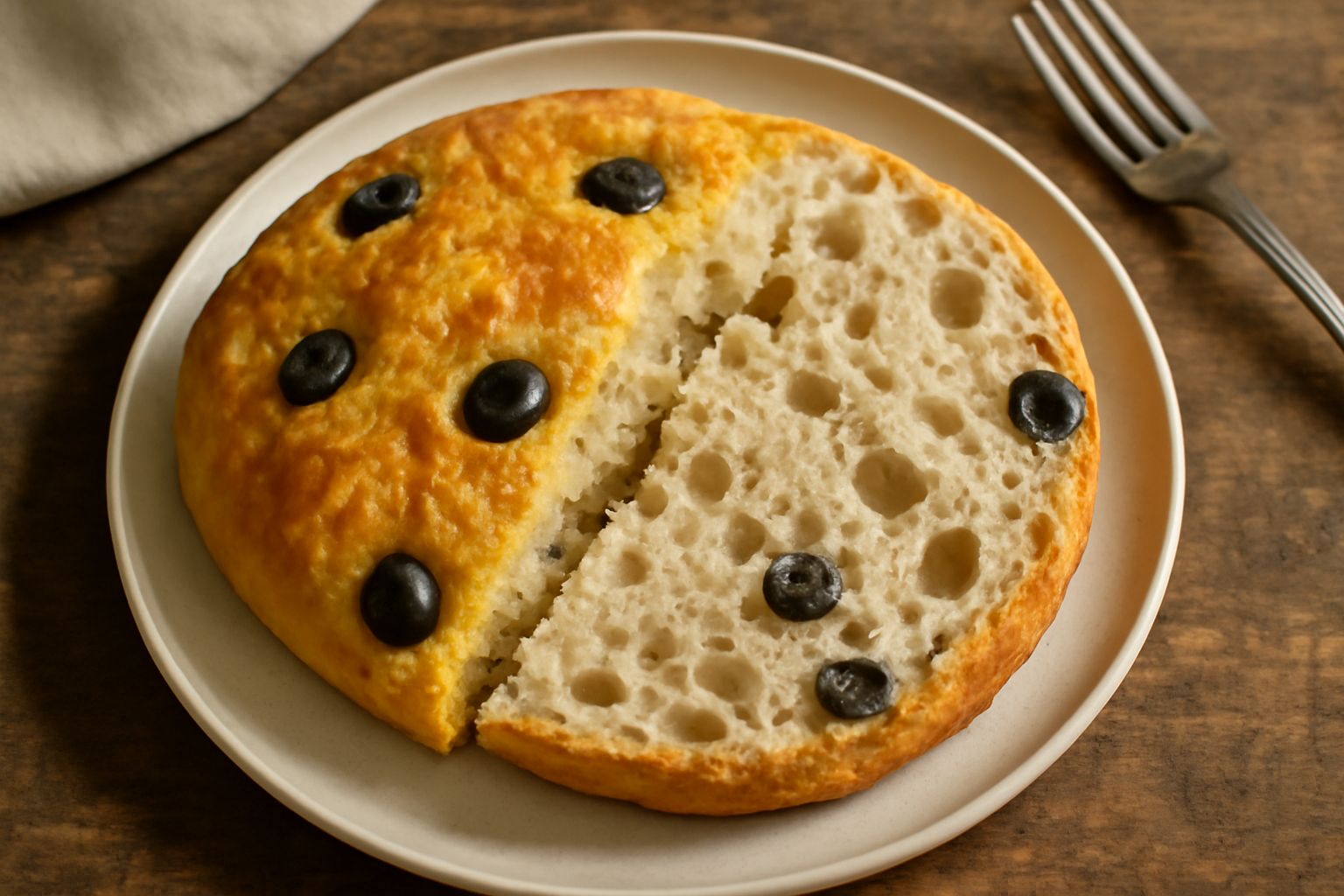 Una ciabatta appena sfornata con crosta dorata e croccante, olive nere visibili sulla superficie e nei tagli, pane spezzato a metà che mostra l'interno soffice con alveoli irregolari
