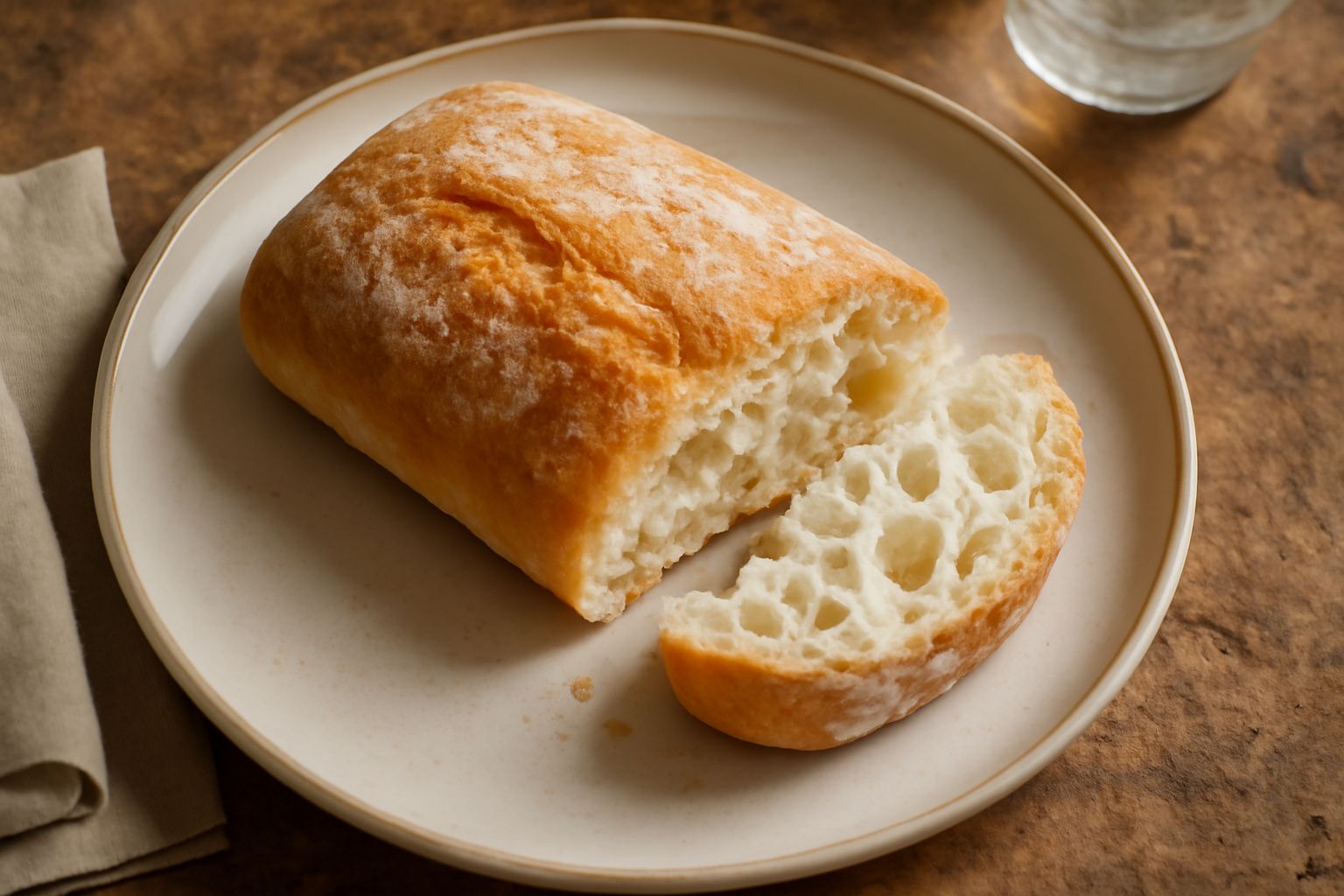 Ciabatta altoatesina spezzata a metà, con mollica bianca e soffice visibile all'interno, crosta dorata e biscottata, polvere di farina sulla superficie, posata su un tavolo di legno chiaro