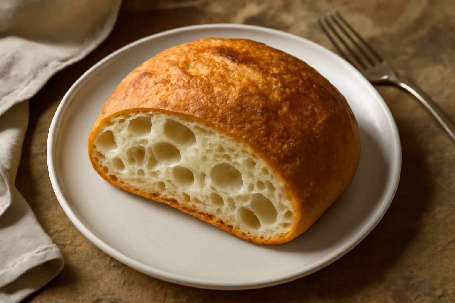 Ciabatta comasca tonda con crosta dorata su tavolo di legno, spezzata a metà mostrando l'interno bianco e l'alveolatura irregolare