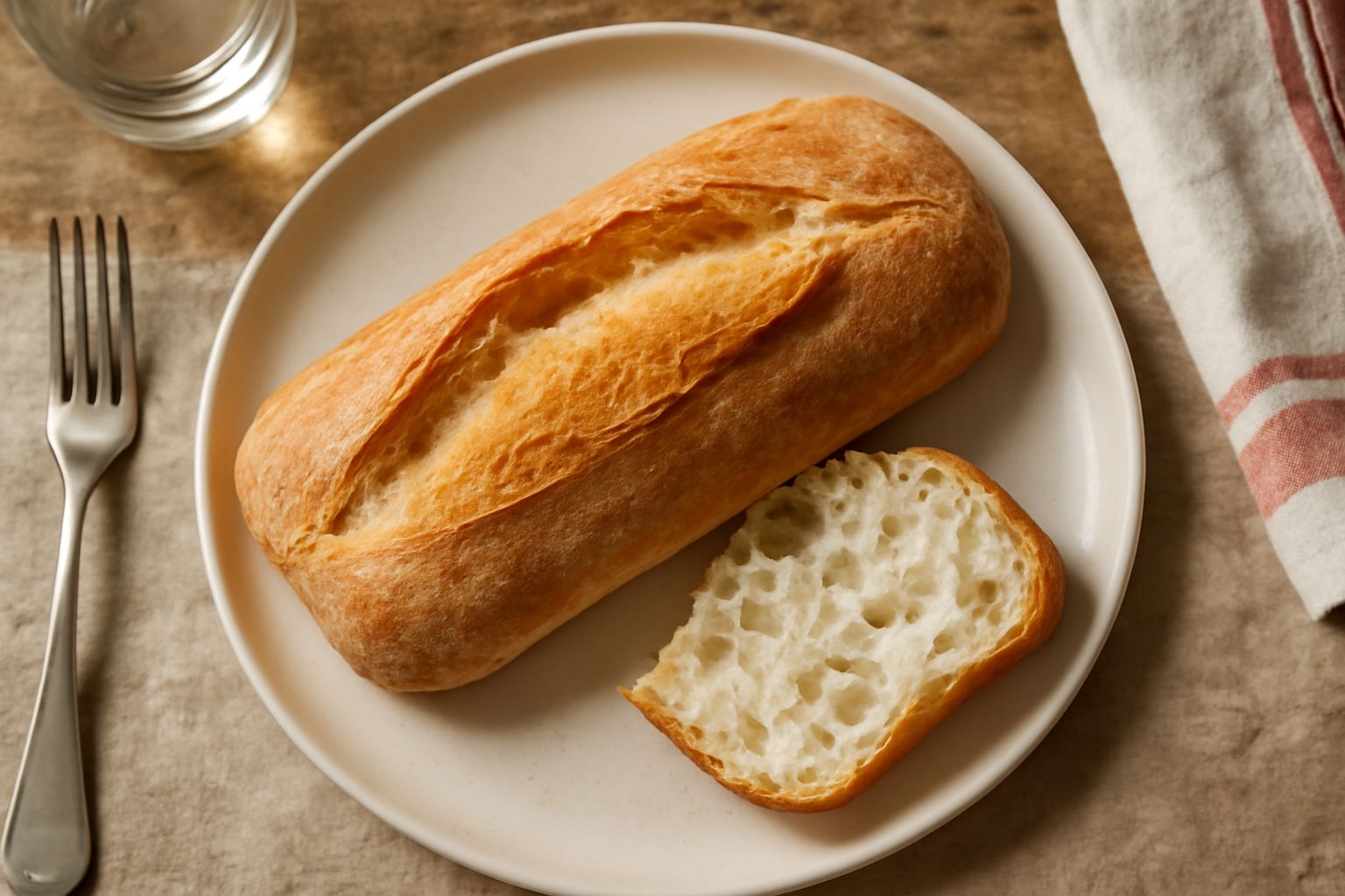 Ciabatta cremonese appena sfornata, pane dorato con crosta screpolata e irregolare, tagliato mostrando miga bianca con bolle d'aria grandi, su tavolo di legno con farina sparsa