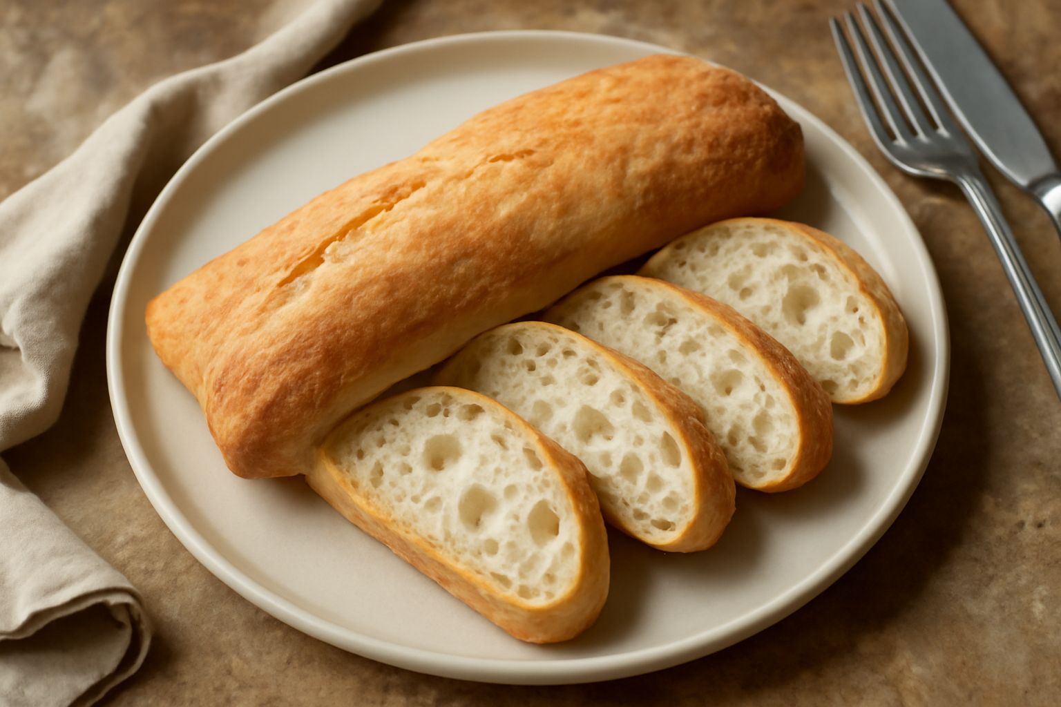 Ciabatta ferrarese su una tavola di legno: pane allungato con crosta dorata e irregular, tagliato a metà per mostrare la mollica bianca e soffice con alveoli grandi
