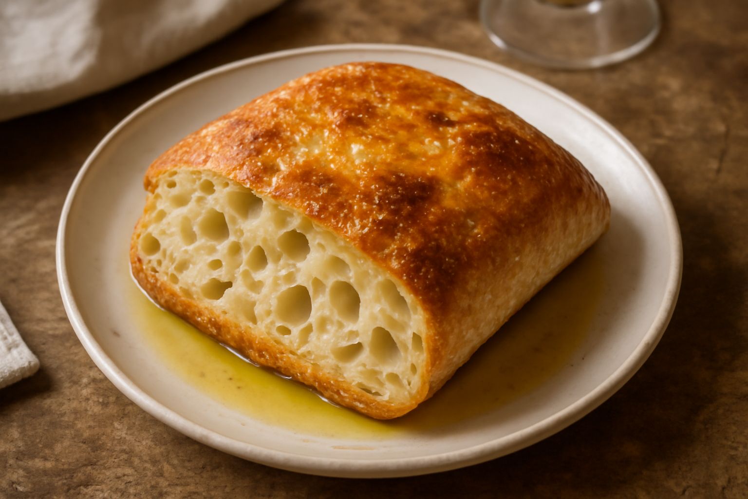 Ciabatta genovese intera e affettata su tavolo in legno, con interno alveolato e dorato, crosta friabile, olio brillante visibile sulla superficie