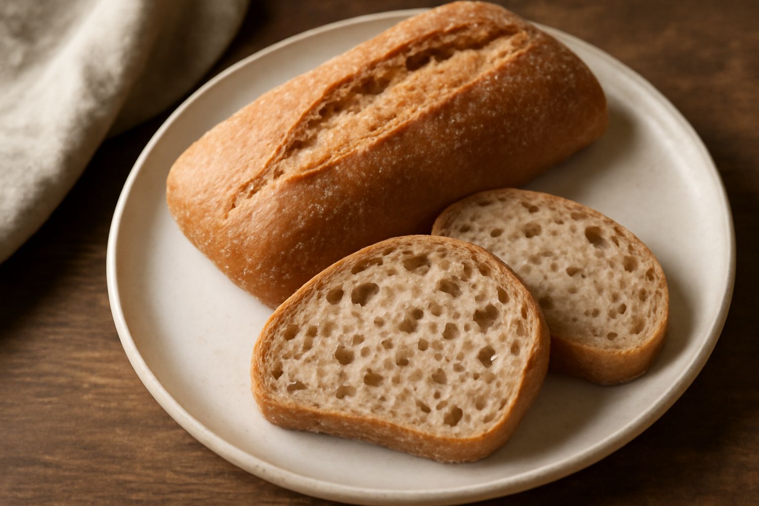 Tre fette di ciabatta integrale appena sfornate, croccanti e dorate, appoggiate su un tavolo di legno con semi di sesamo visibili sulla crosta, sfondo bianco neutro