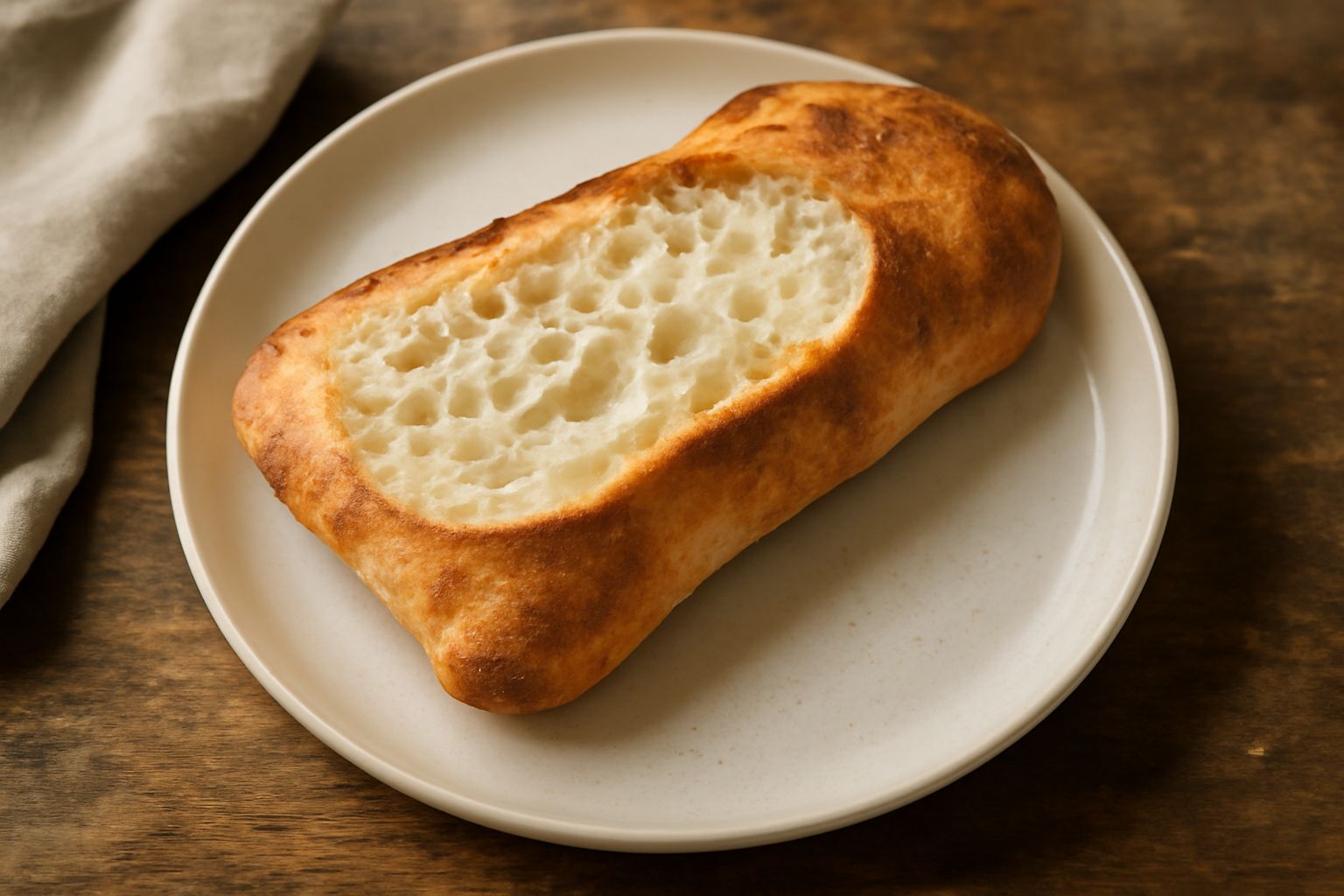 Ciabatta pavese dorata con crosta croccante, tagliata a metà mostrando la mollica bianca e alveolata, poggiata su una carta bianca con farina sparse intorno