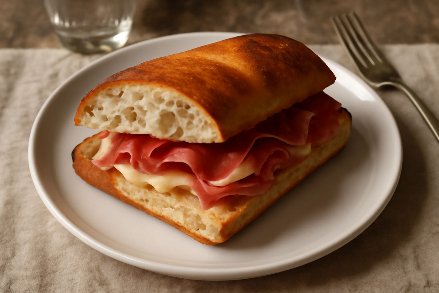 Ciabatta pesarese appena sfornata con crosta dorata croccante, tagliata a metà per mostrare l'interno bianco alveolato e soffice, su tavolo di legno con farina sparsa