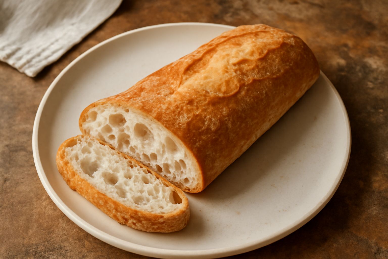 Ciabatta piemontese tagliata a fette su una tavola di legno, con crosta marrone dorata e interno bianco poroso con alveoli irregolari, accanto a olio d'oliva in una ciotola