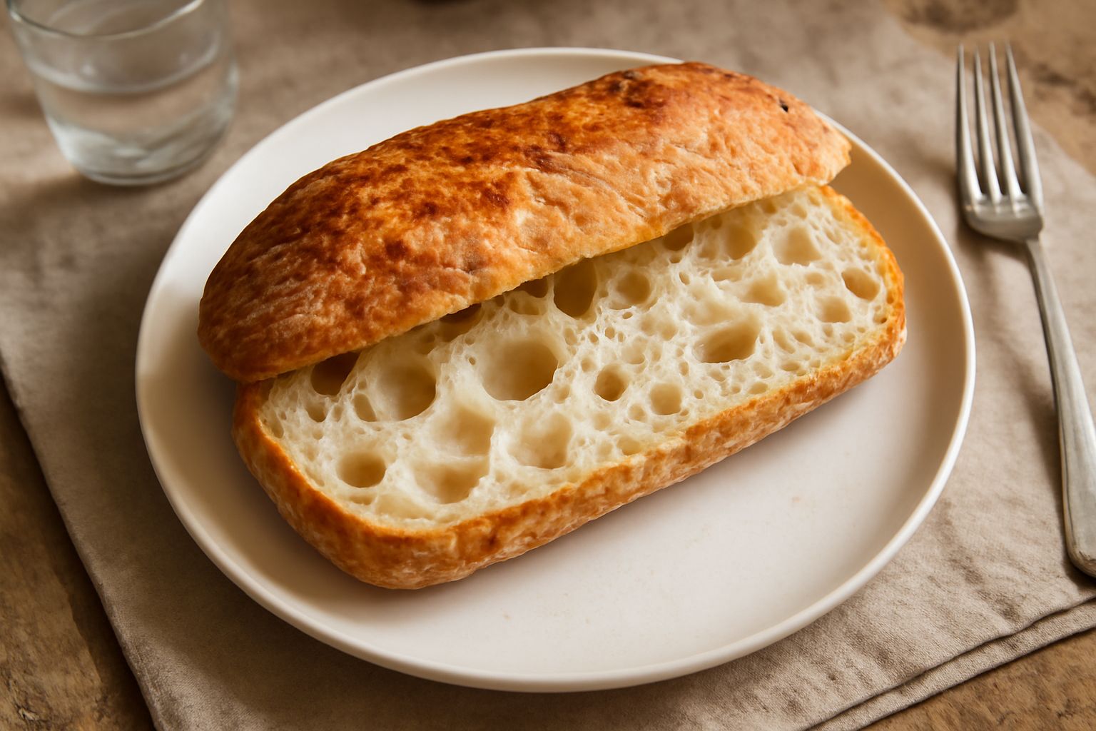 Ciabatta romana intera e tagliata a metà, con crosta dorata e screpolata, interno bianchissimo con alveoli grandi e irregolari, posata su tavolo di legno