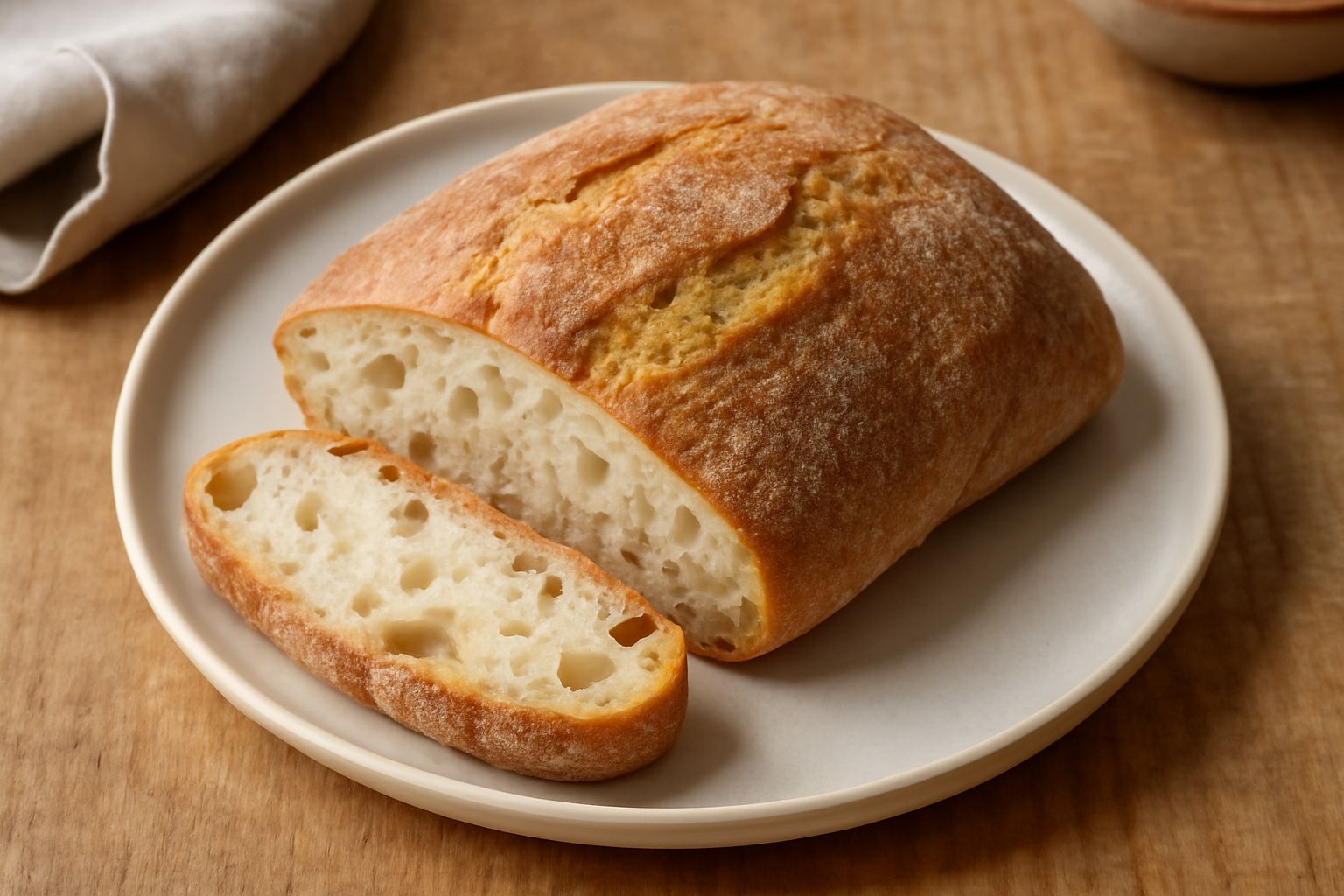 Una ciabatta toscana intera su fondo bianco: pane dalla forma irregolare, crosta dorata e screpolata, mollica alveolata visibile nel taglio trasversale