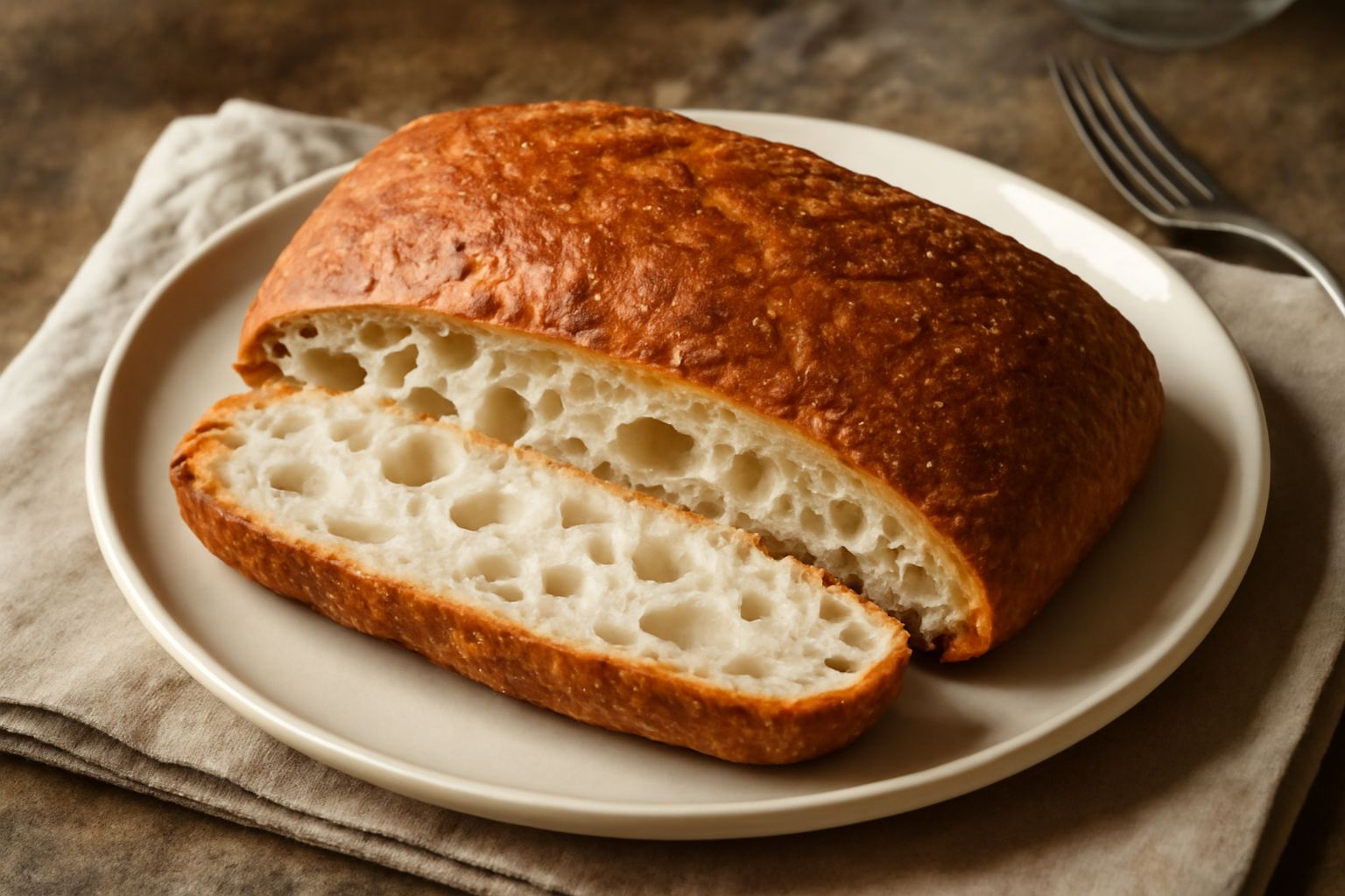 Una ciabatta veneta intera appena sfornata, crosta dorata e screpolata, affettata a metà mostrando mollica bianca con alveoli irregolari e ampi, appoggiata su un tavolo di legno con farina sparsa