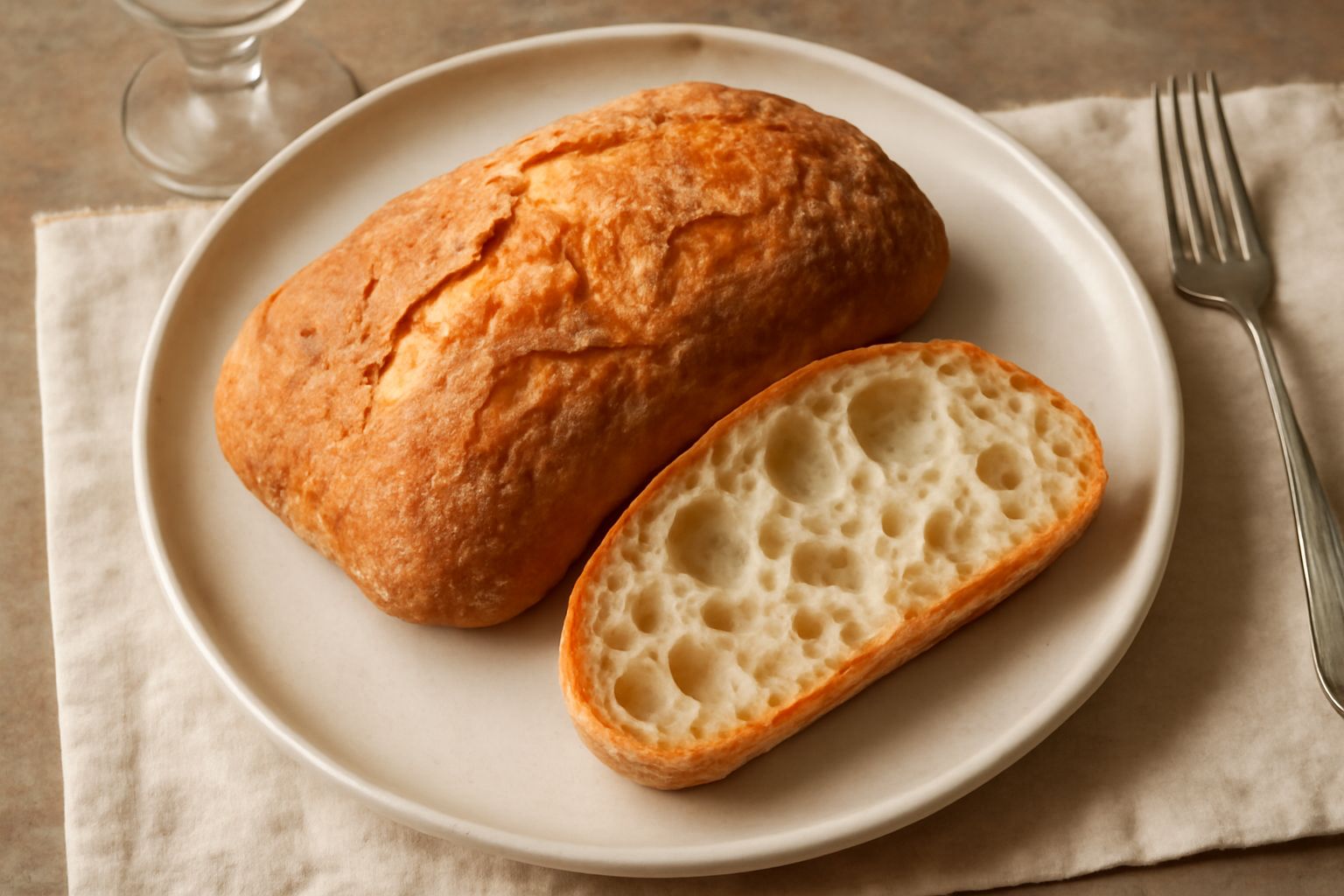 Una ciabatta viterbese tagliata a metà su un canovaccio di lino bianco, con crosta dorata e screpolata, miga chiara con buchi irregolari ben visibili, in primo piano