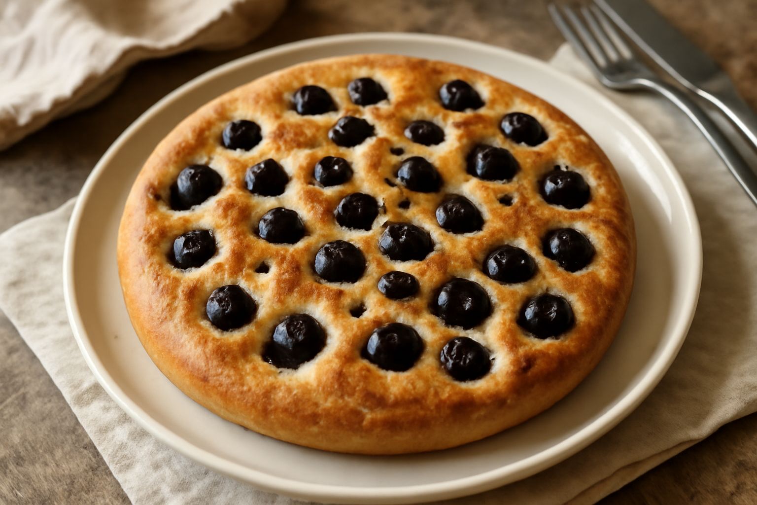 Ciaccia appena sfornata su carta da forno, colore dorato uniforme, uvetta visibile sulla superficie, forma rotonda leggermente bombata, vapore caldo che sale, tagliere di legno sullo sfondo