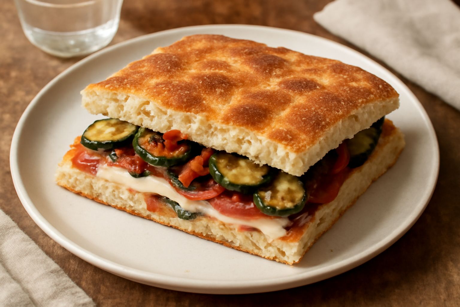 Ciaccia ripiena dorata e croccante tagliata a metà, con ripieno visibile di formaggio bianco, zucchine grigliate e pomodori secchi, servita su tavolo di legno con olio in bottiglia