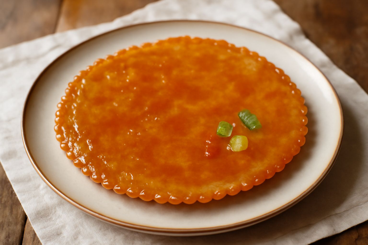 Cialda amalfitana croccante di colore dorato su piatto bianco, glassata con miele e decori di frutta candita gialla e rossa, luce naturale da finestra