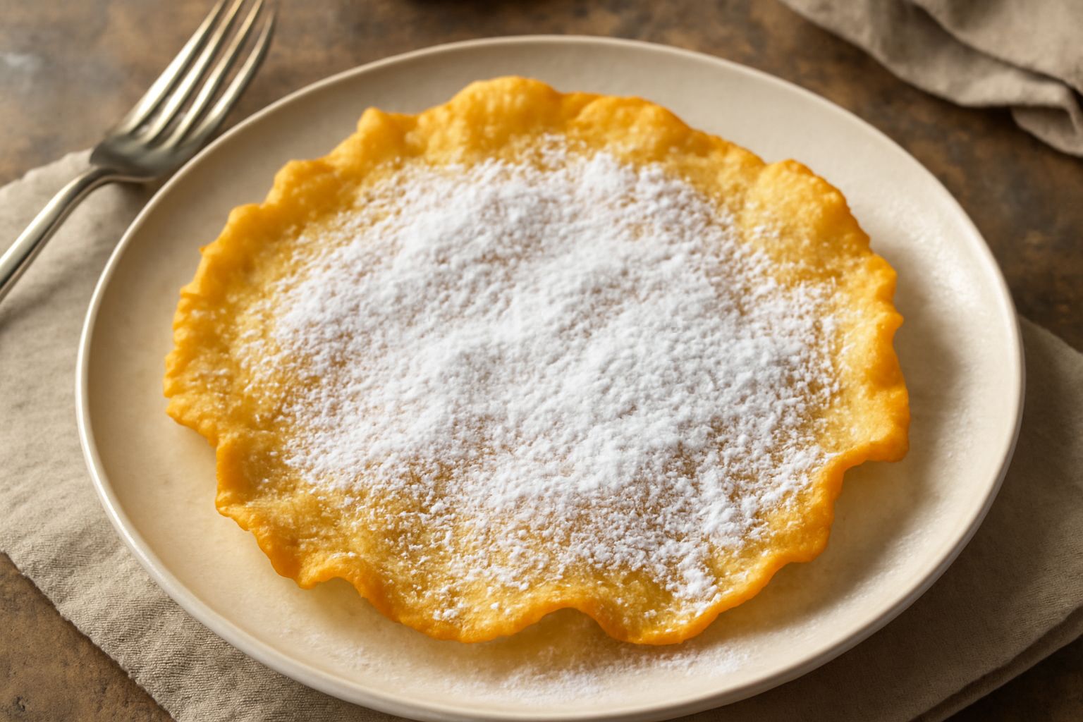 Cialde barese dorate e croccanti impilate su un piatto bianco, ricoperte di zucchero a velo; sfondo sfocato con una tazza di caffè