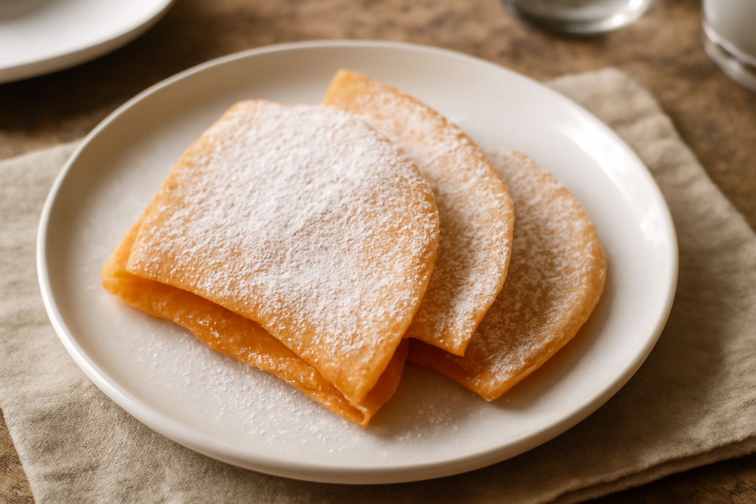 Cialde beneventane dorate e croccanti piegate a metà su un piatto di porcellana bianca, coperte di zucchero a velo, con una tazza di caffè sfuocato sullo sfondo
