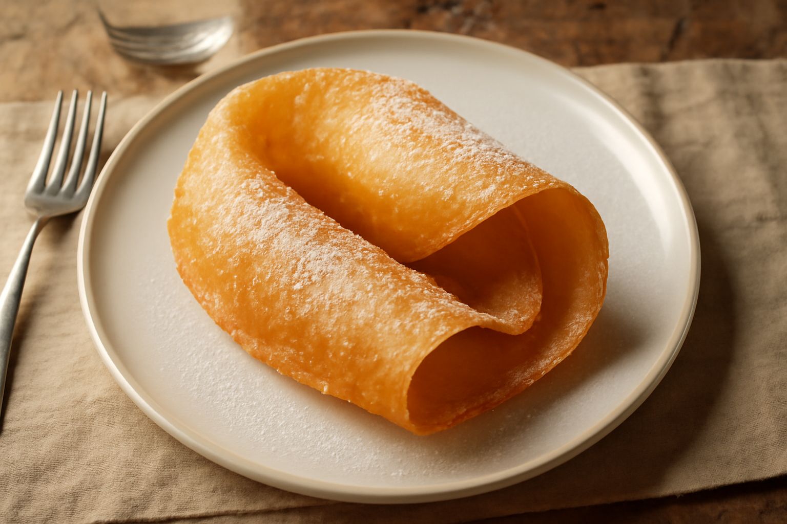 Cialda calabrese dorata e croccante su un piatto bianco, cosparsa di zucchero a velo, con sfoglie sottili piegate elegantemente