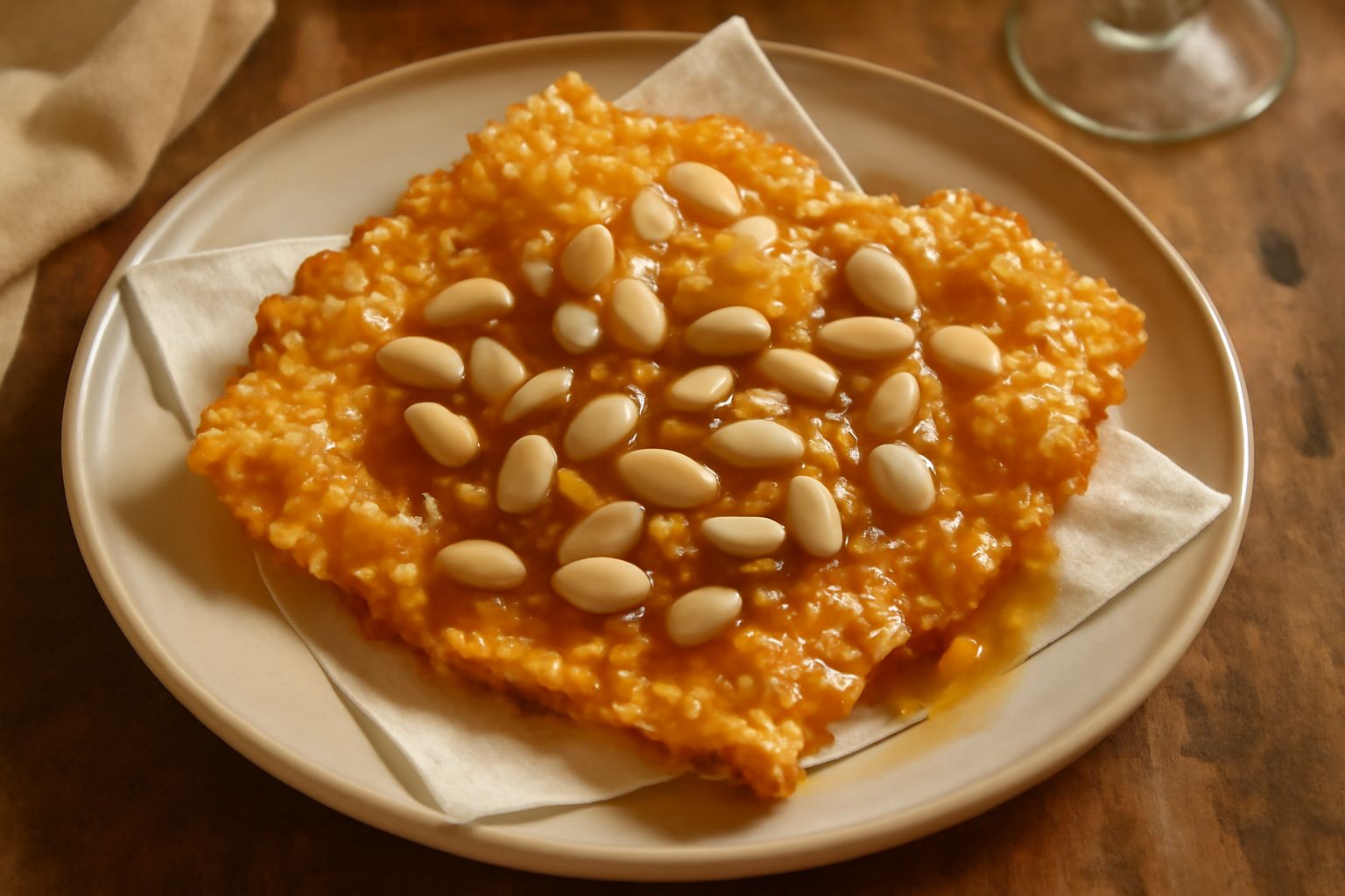 Cialda cosentina appena fritta adagiata su carta da cucina, dorata e croccante, cosparsa di miele che scende sulle mandorle pelate bianche e tostate